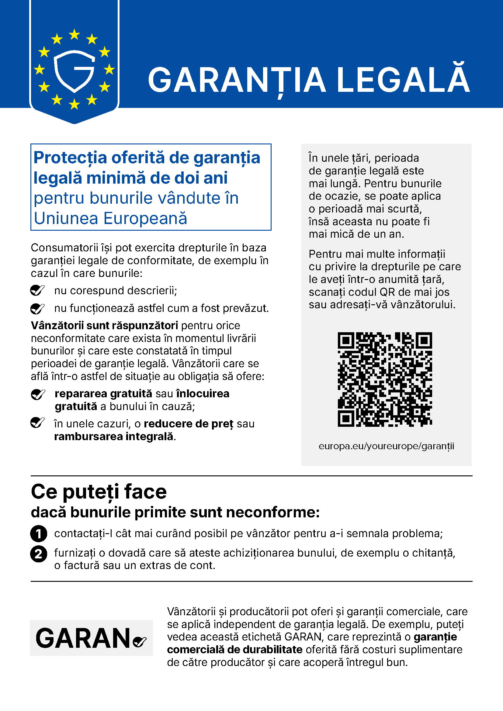 Garanția legală: protecția oferită de garanția legală minimă de doi ani pentru bunurile vândute în Uniunea Europeană — notificarea armonizată UE